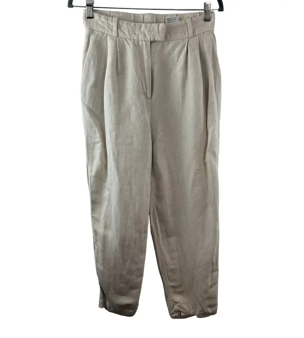 H&M Beige Dress Pants Linen Blend High-Rise Straight Leg Formal Size 6